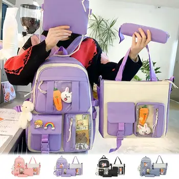 Новый школьный рюкзак, эстетичный, 4 шт./компл., рюкзак для девочек, сумка на плечо, сумка-карандаш, поясная сумка, набор с милыми булавками и подвесками