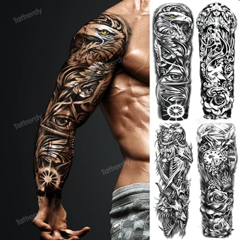 татуировки с черепом на рукаве для мужчин, временные татуировки на всю руку, большая сова, тигр, король львов, лесные татуировки, животные