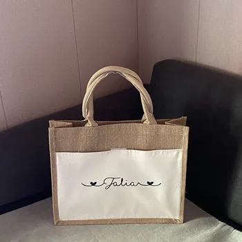 Экологичная сумка с индивидуальным принтом, персонализированное имя, Джутовая сумка, сумка для покупок для подружек невесты, Многоразовая пляжная сумка, дорожные подарки